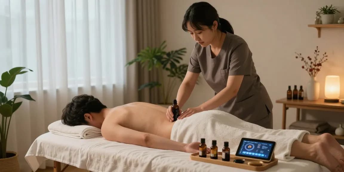 신촌출장마사지 session setup with therapist preparing essential oils and soothing room ambiance for relaxation.