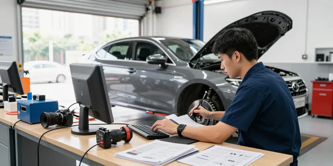 Expert car inspection services Hong Kong with technician using diagnostic tools in a modern garage.