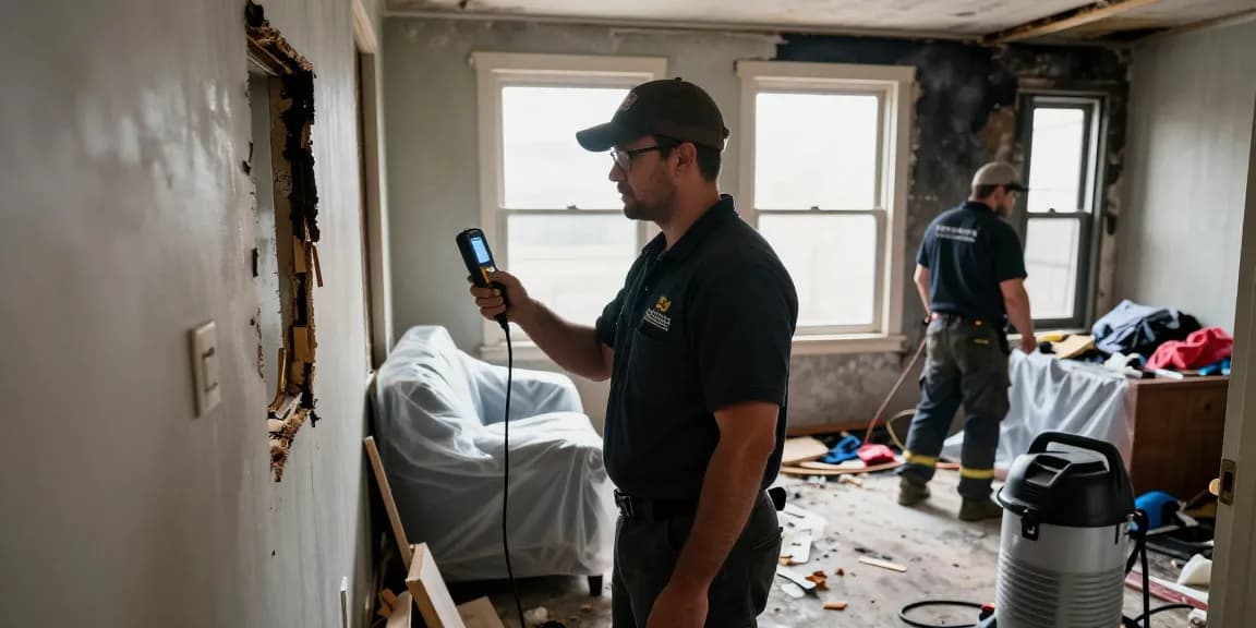 Fire damage restoration services in action, technician assessing smoke damage with moisture meter in Chicago home.