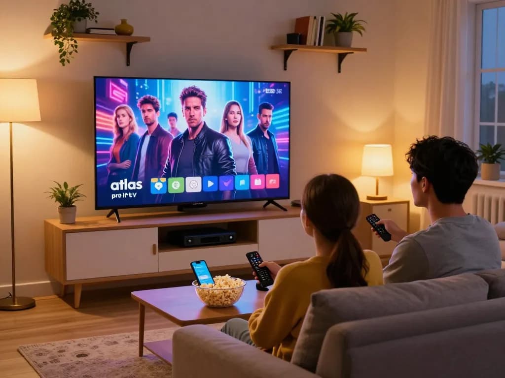 Un jeune couple profitant d'Atlas Pro IPTV sur leur canapé moderne, mettant en avant l'ambiance de soirée cinéma confortable.