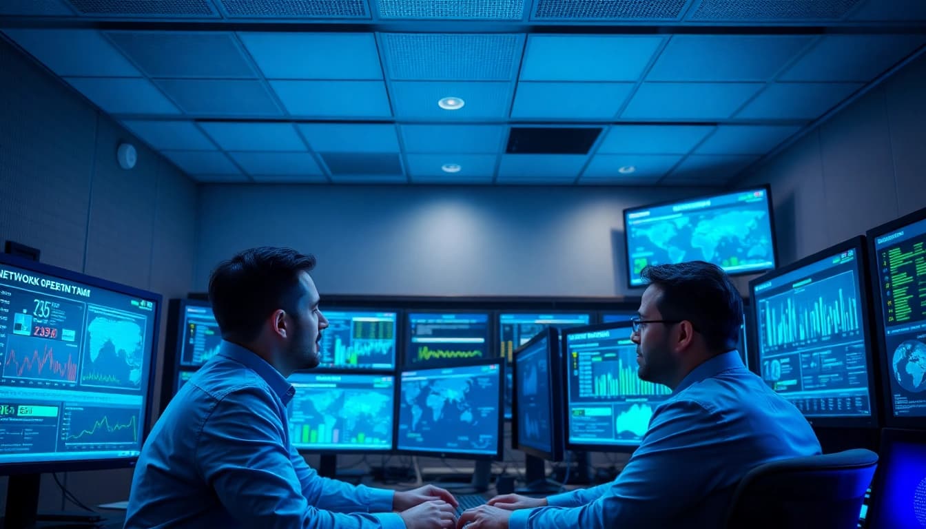 Network Monitoring Tampa team analyzing data at a modern IT operations center.