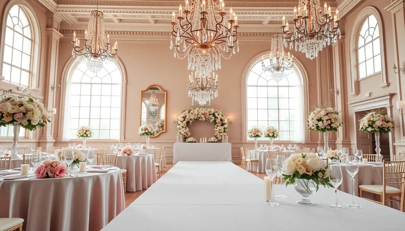 Stunning floral decorations in a Wedding Event Space Jacksonville enhance a romantic atmosphere.