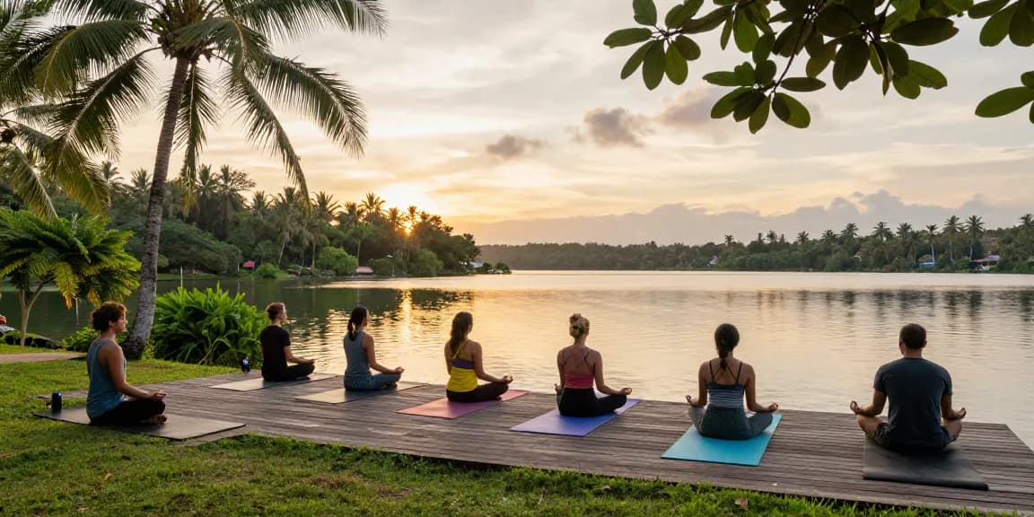 Yogis practicing on the lakeside during the 200hr yoga teacher training sri lanka program at Lanka Yoga, reflecting serenity.