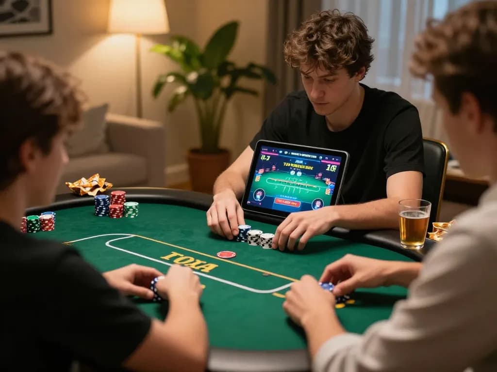 Engaged player strategizing bets on poker game screen referencing tor hidden wiki for enhanced online gaming.