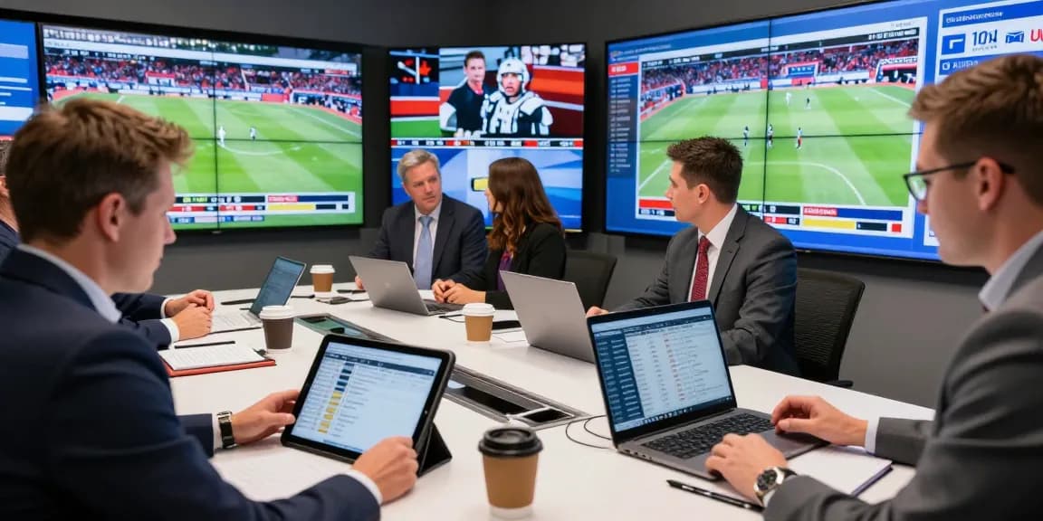 Sports journalists at https://media.upin.ac.id/ discussing latest injury updates and player statistics in a dynamic newsroom.