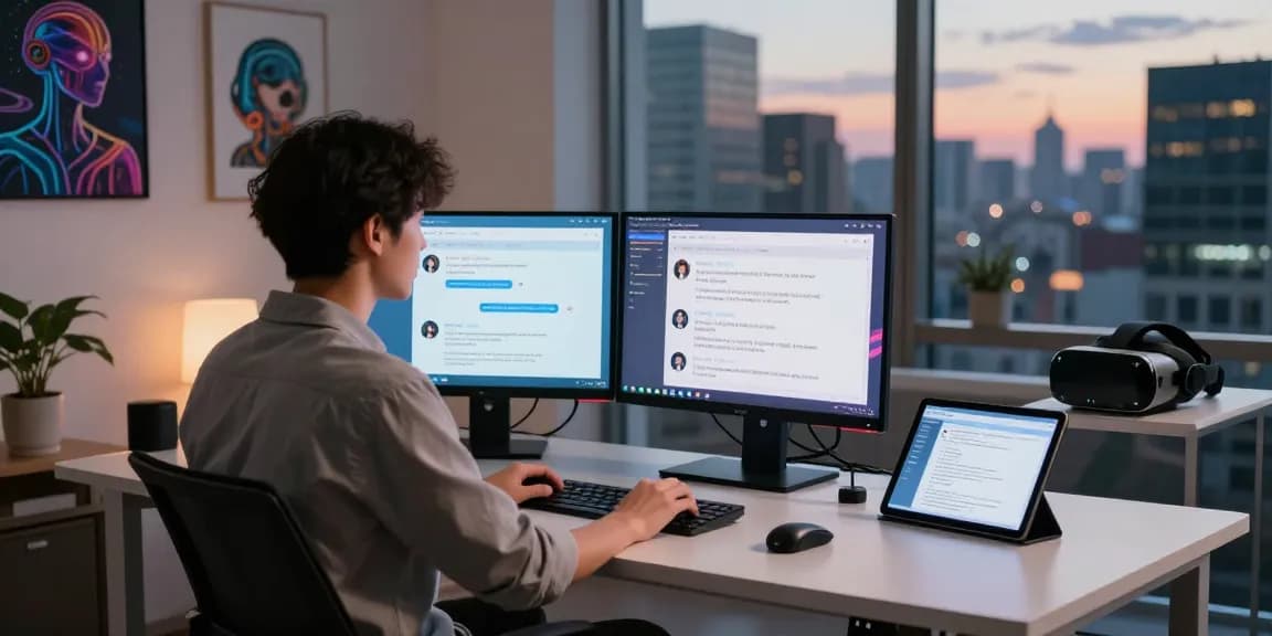Engaging with nsfw ai chatbot in a modern digital workspace featuring dual monitors and sleek tech gadgets.