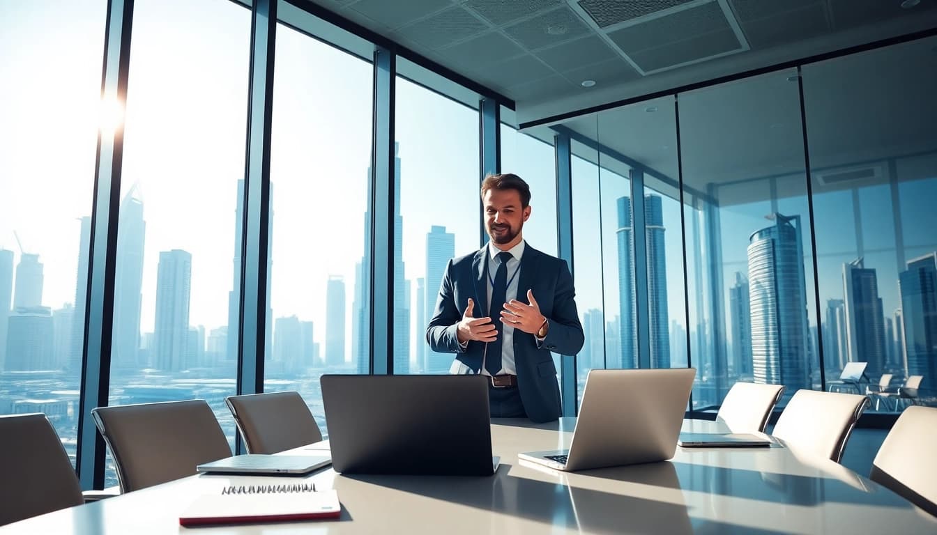 Engaging scene on business setup in Dubai with a consultant advising clients in a modern office.