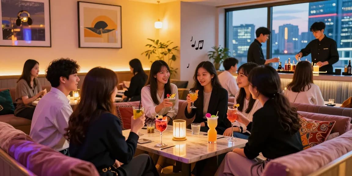 Social gathering at 상봉동 한국관나이트, vibrant ambiance with stylish friends enjoying drinks.
