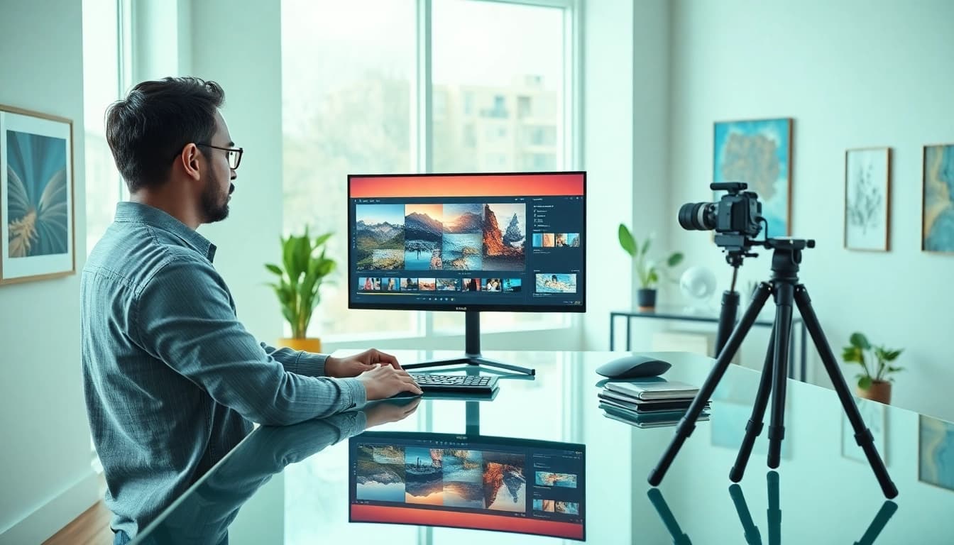 Video to prompt generator in an innovative workspace with a professional analyzing video content.