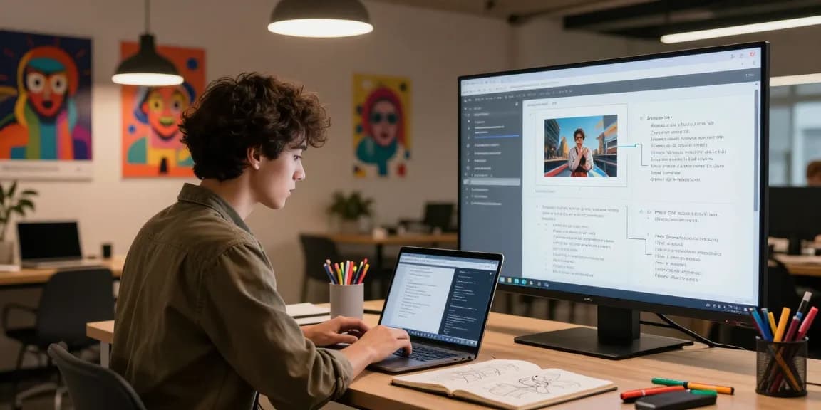 User crafting ai prompt image at a modern digital workspace with creative tools and AI-focused environment.