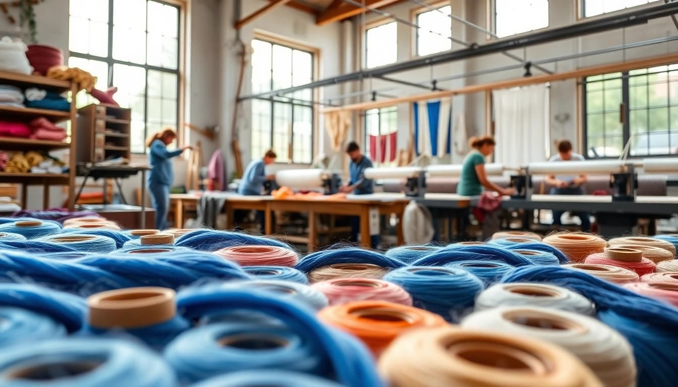Katoen stoffen in een ambachtelijke werkplaats met kleurrijke garens en texturen.