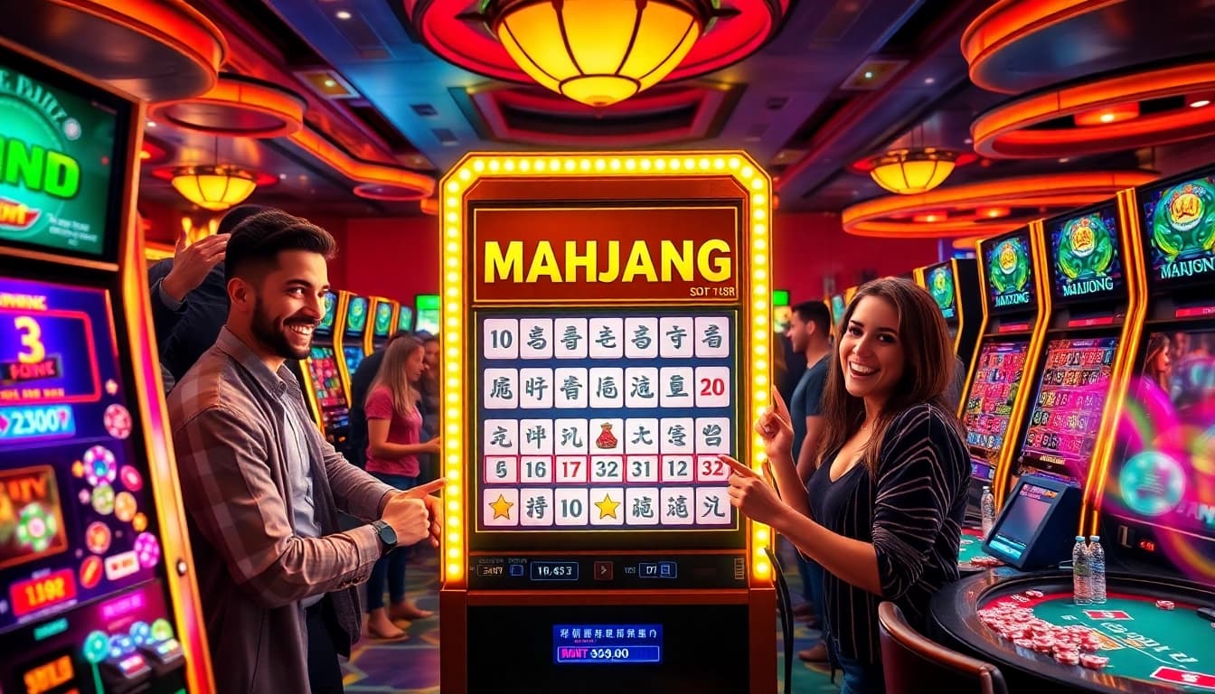 Experience the thrill of the slot demo Mahjong game in a lively casino atmosphere with players celebrating wins.
