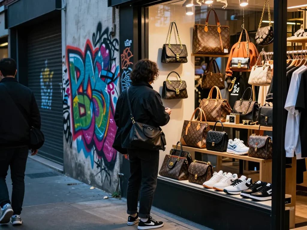 Fashionable person exploring luxury 레플리카 items in an urban shopping scene.