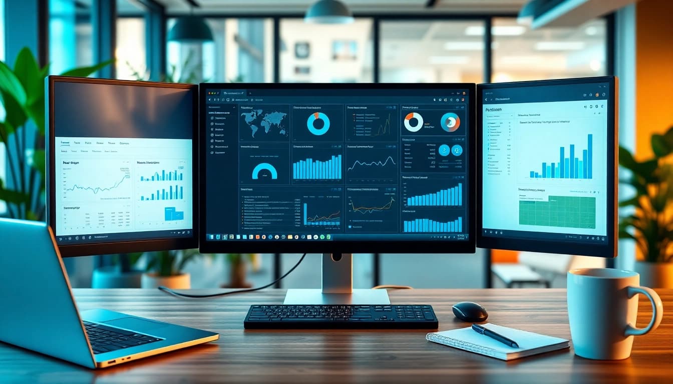 Showcasing an assistant for enterprise in a modern office environment, highlighting productivity tools.