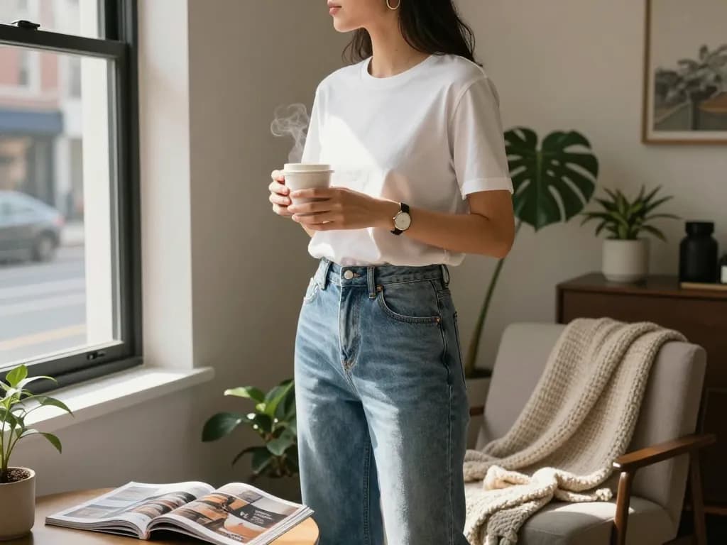 Stylish basics for a cozy urban lifestyle, featuring a casual outfit and warm sunlight.