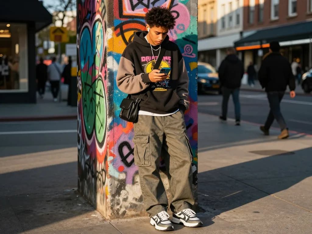 Stylish individual browsing smartphone in trendy streetwear at urban レ플리카 사이트 backdrop.