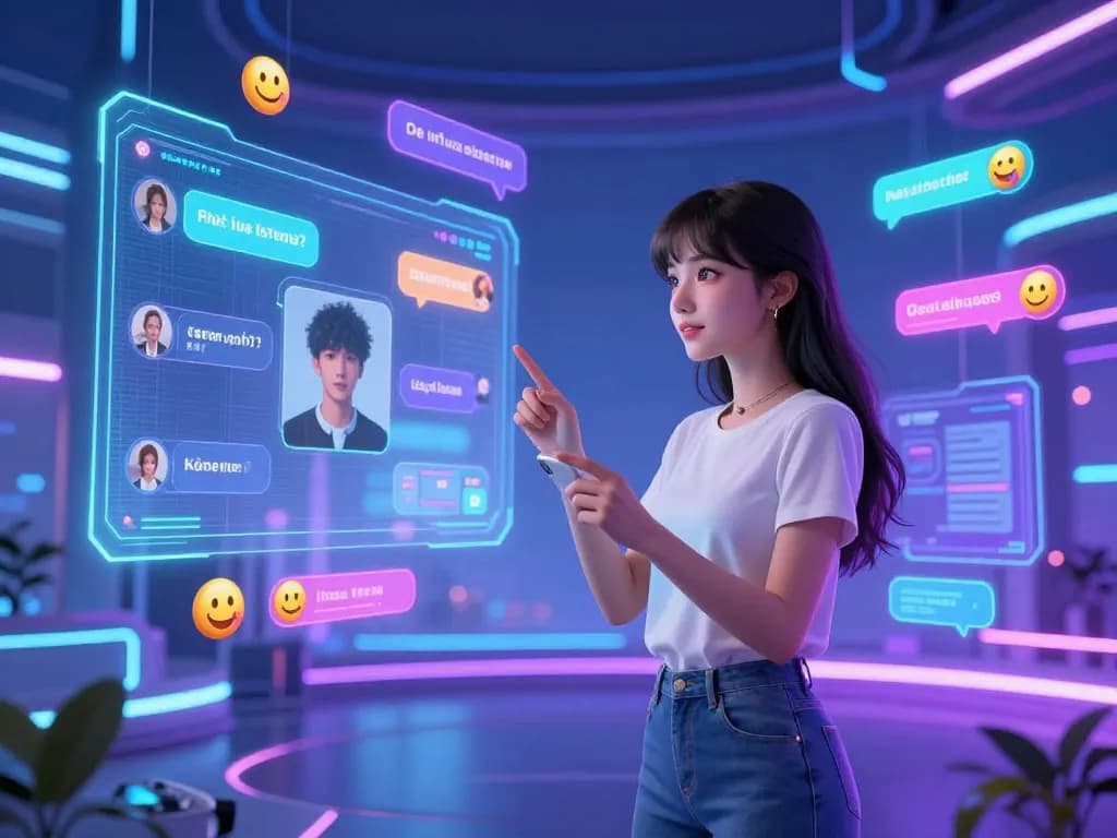 Engaging NSFW AI chat scene with a captivating female character and user avatar in a vibrant virtual reality environment.