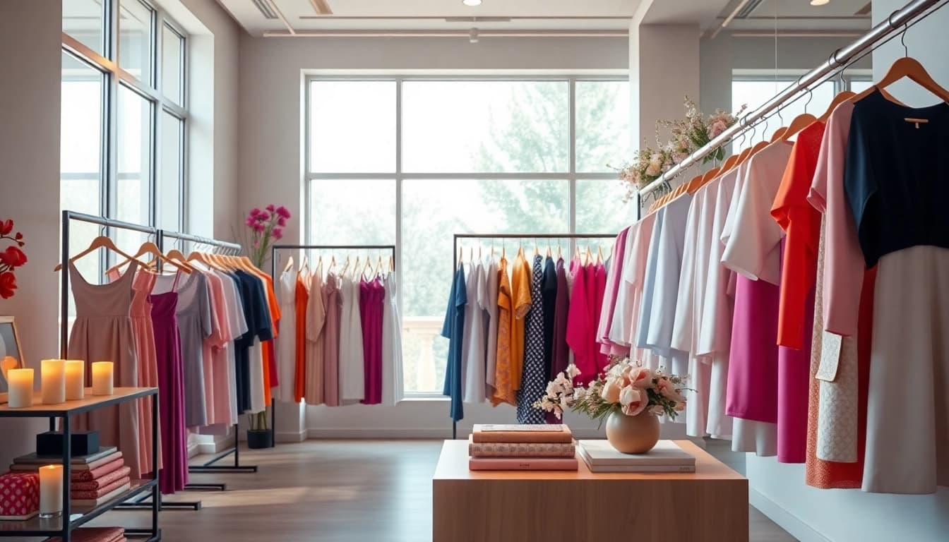 Explore stylish Rivelle clothing beautifully displayed in an elegant boutique setting.
