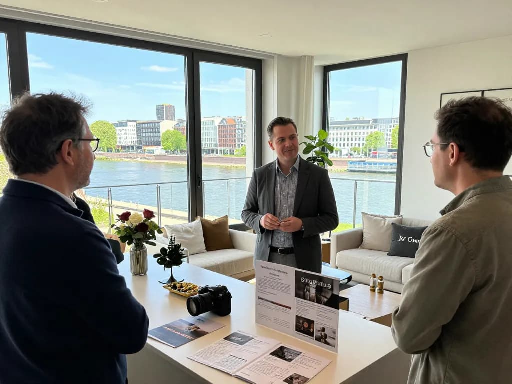 Immobilienmakler Frankfurt Sachsenhausen präsentiert potenziellen Käufern eine hochwertige Wohnung in lebhaftem städtischen Umfeld.