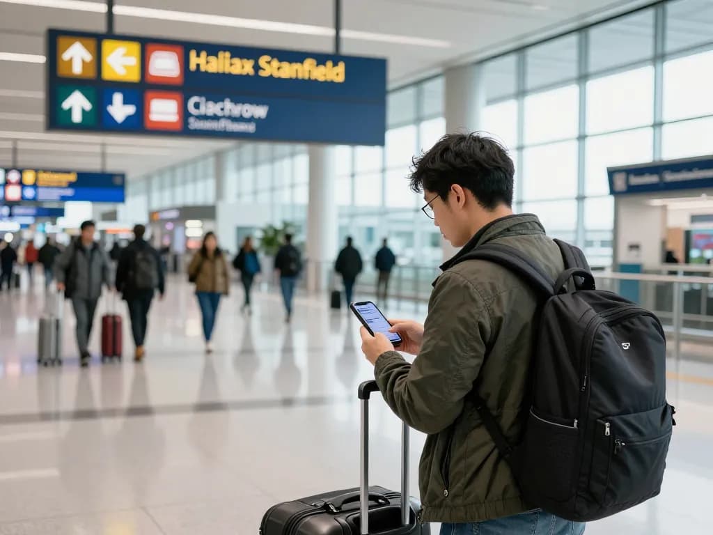 Preparing for the journey to Heathrow Airport from Halifax at the terminal.