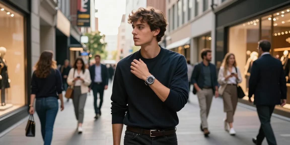 The model highlights a stunning super clone watch in a vibrant urban setting, showcasing luxury and style.