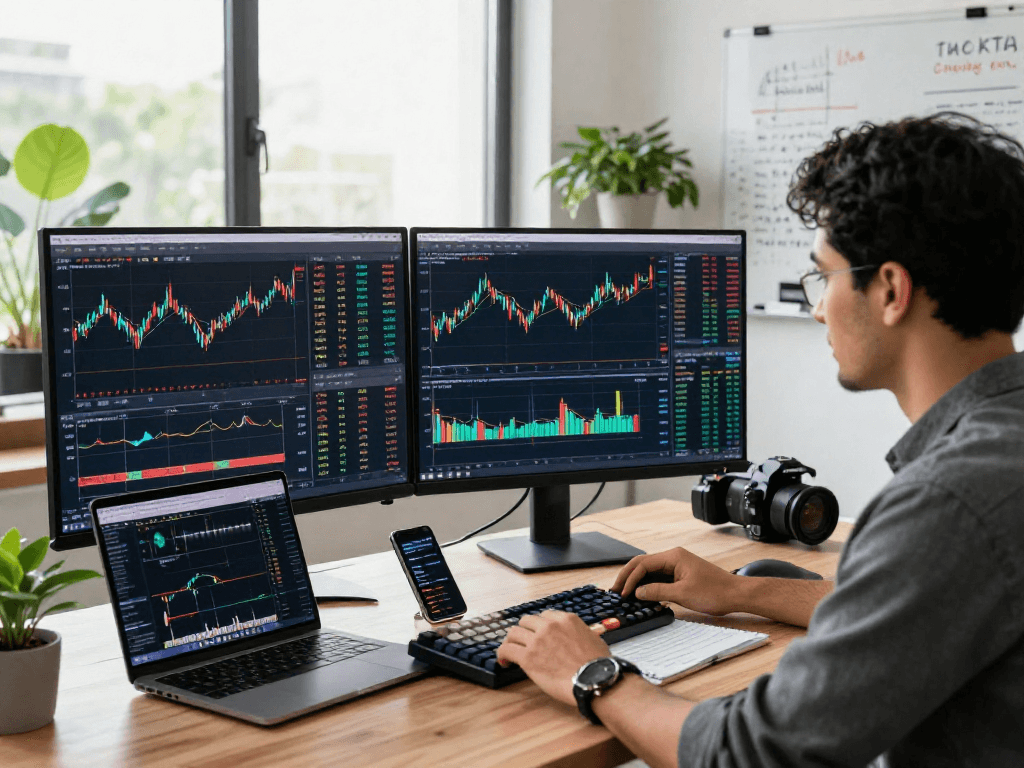 Trader analyzing diverse market data on TradingView in a modern workspace with multiple screens and trading tools.