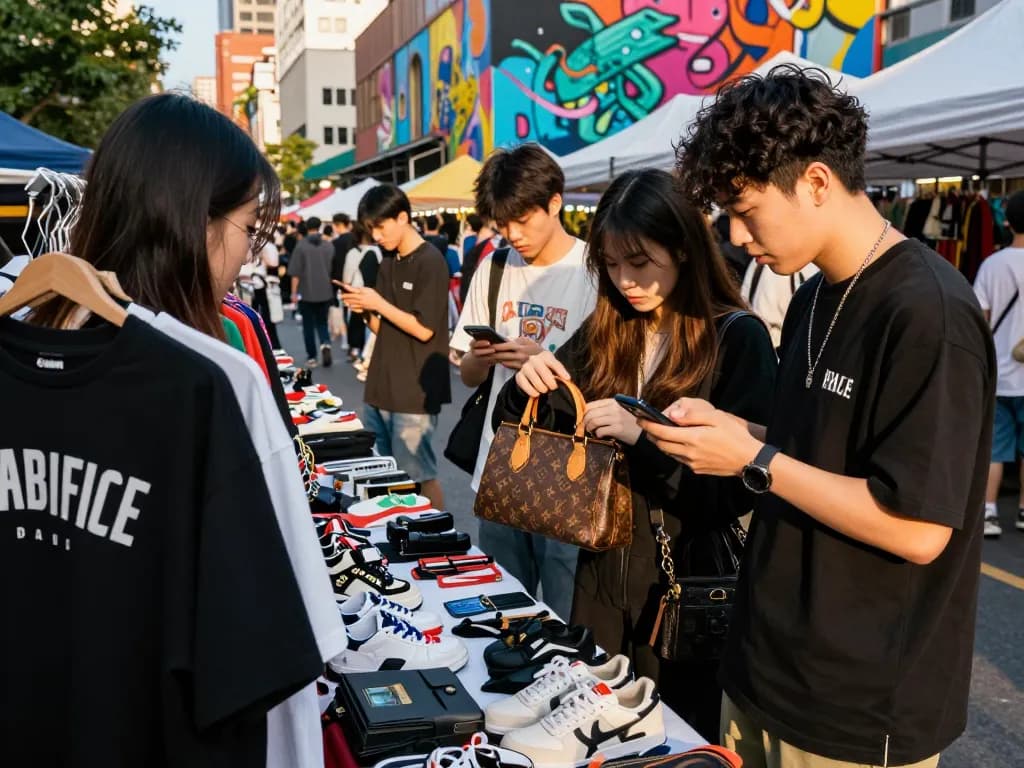 Shopping for trendy items at a 레플리카 쇼핑몰 in an urban market setting.