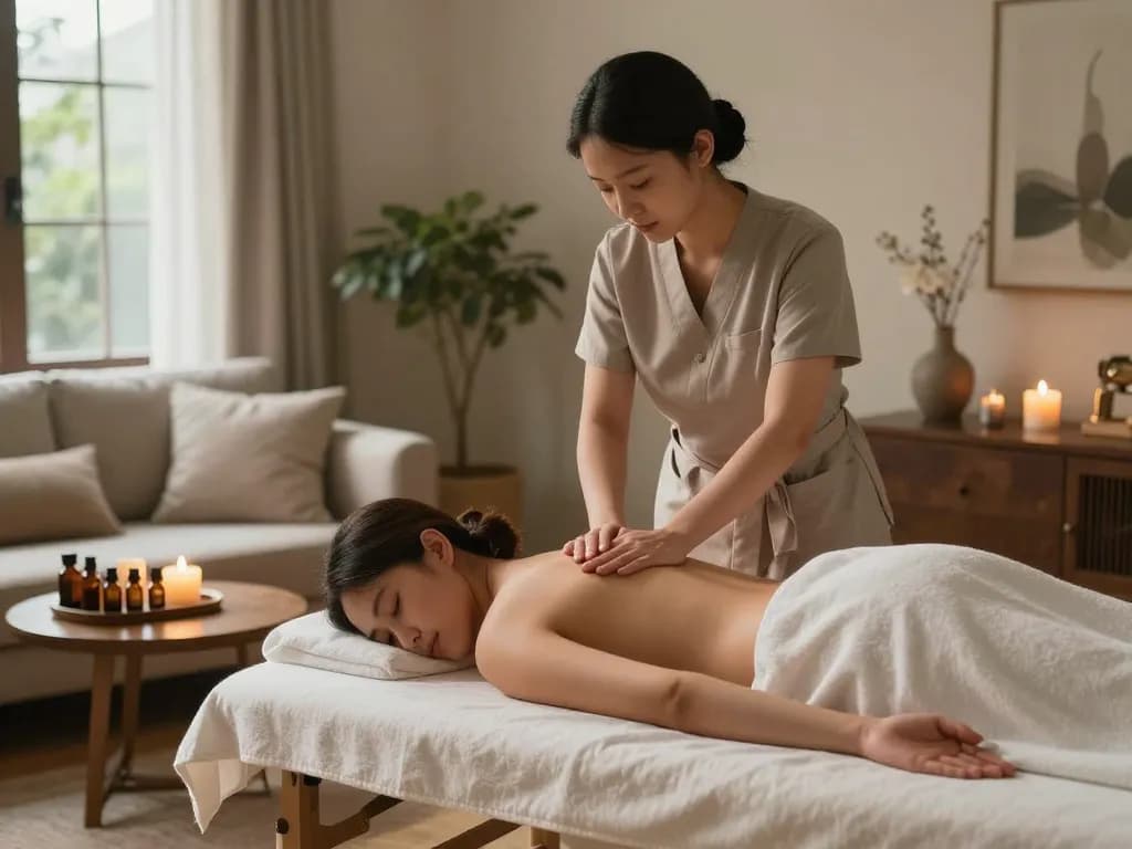 Professional massage therapy session at home highlighting maxim-anma.net premium service
