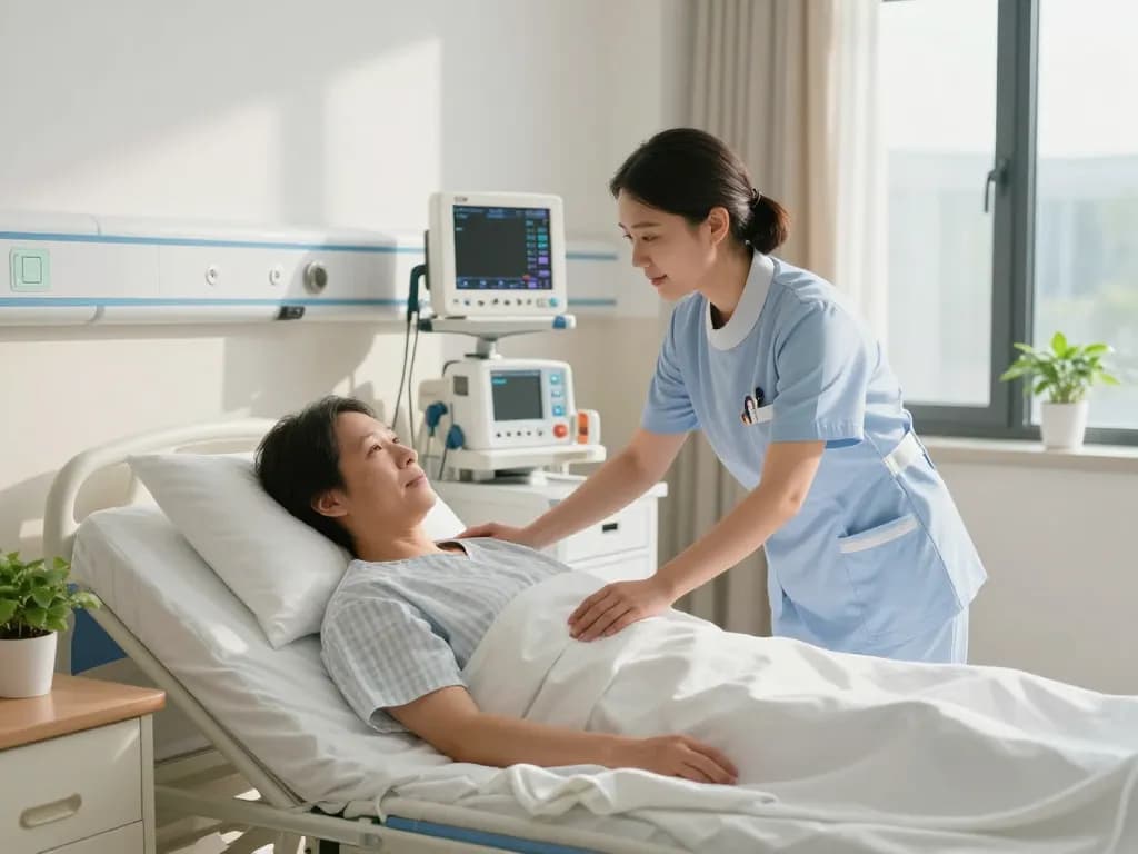 Adjusting a giường bệnh nhân in a modern hospital room, showcasing care and medical equipment.