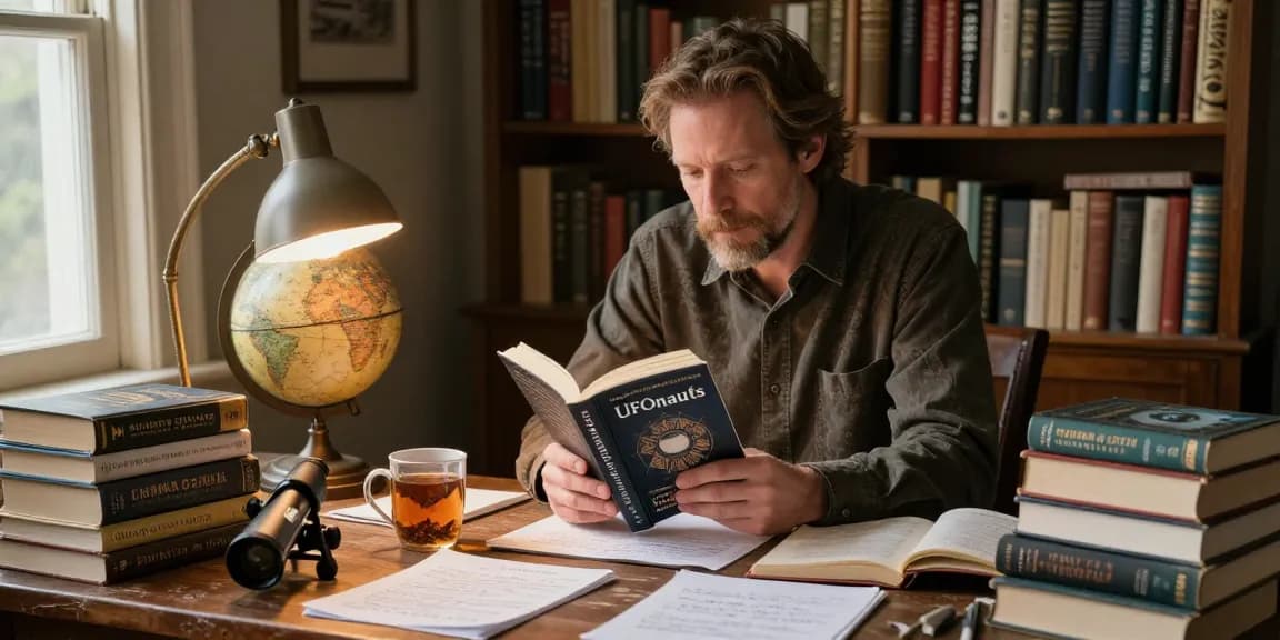 The scene showcases T. Allen Greenfield at his desk with books about spirituality and UFOs, embodying contemporary literary exploration at https://tallengreenfield.com.