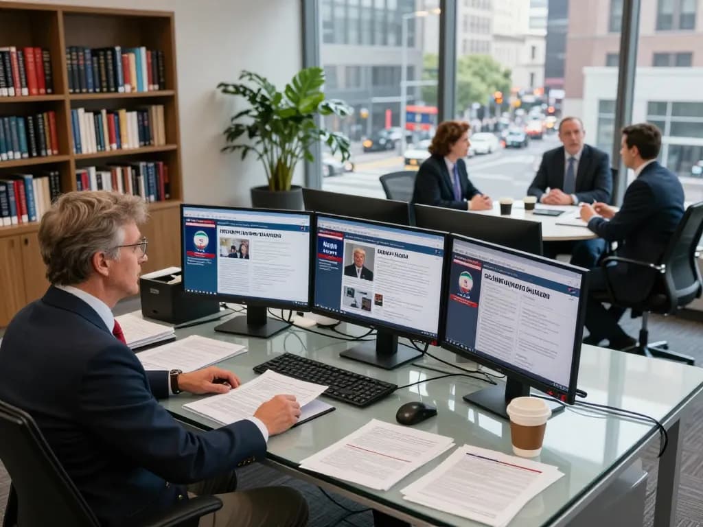 Analyst discussing Trump Iran policy in a modern office setting with news feeds and reports