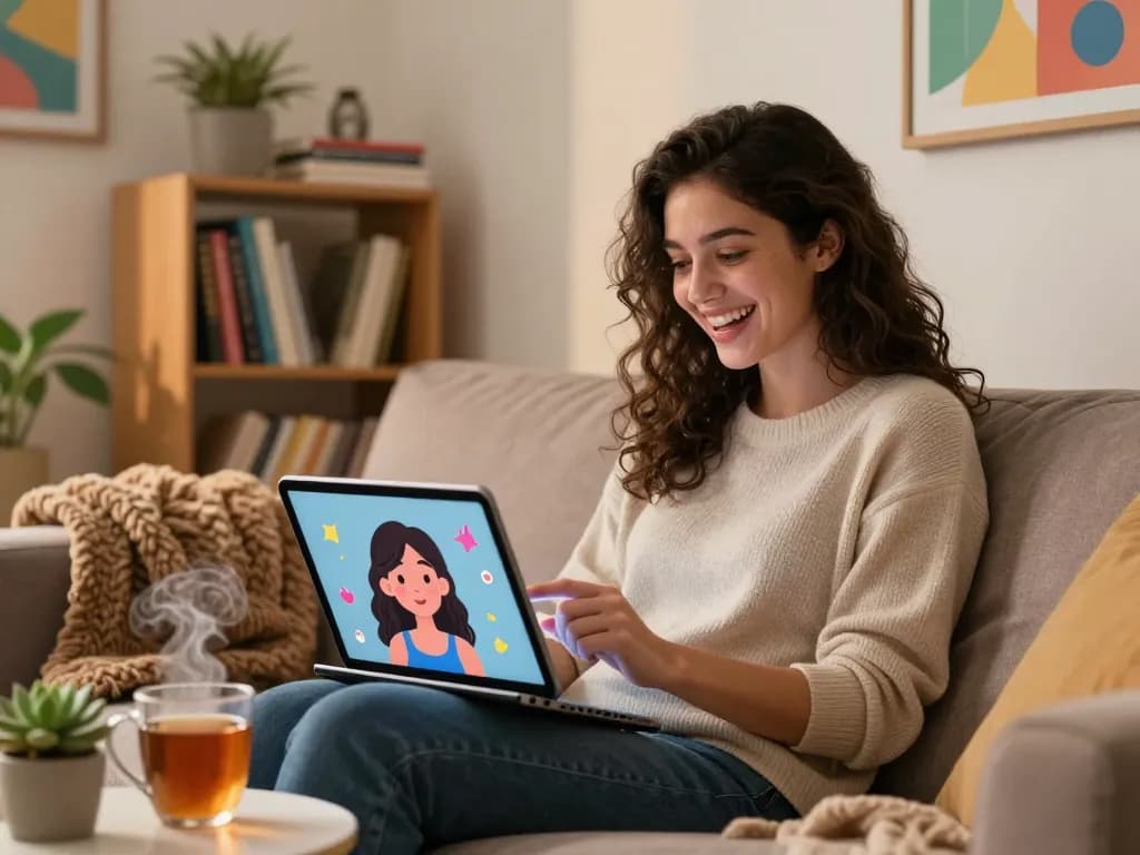 Young woman joyfully interacting with her AI girlfriend on a tablet in a cozy living room