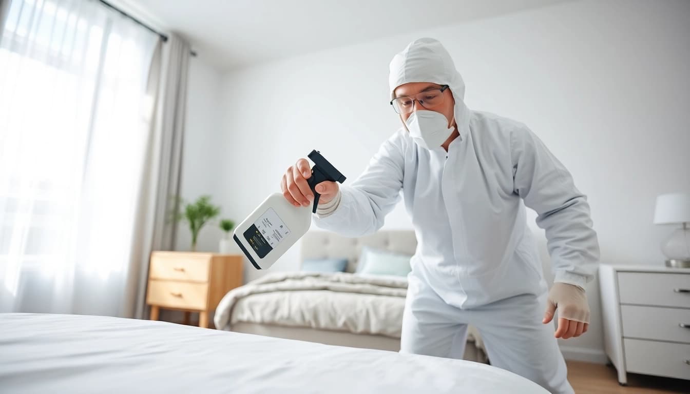 Technician applying bed bug chemical treatment in a bright bedroom environment.