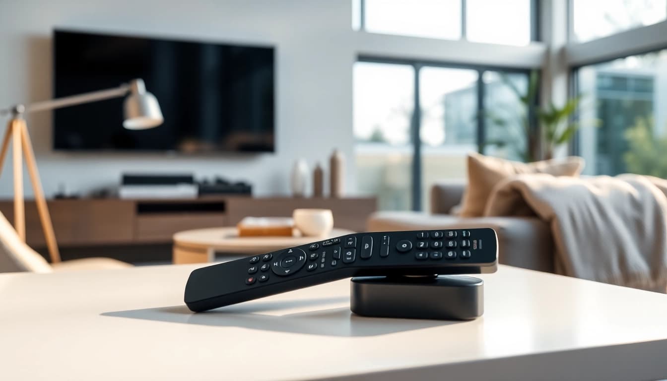 Samsung Fernbedienung QE auf einem modernen Tisch im eleganten Wohnzimmer arrangiert.