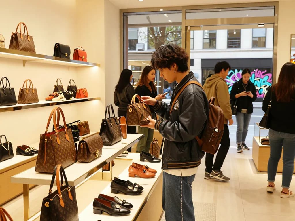 Fashionable shopper examining high-quality 레플리카 handbags in a stylish urban store