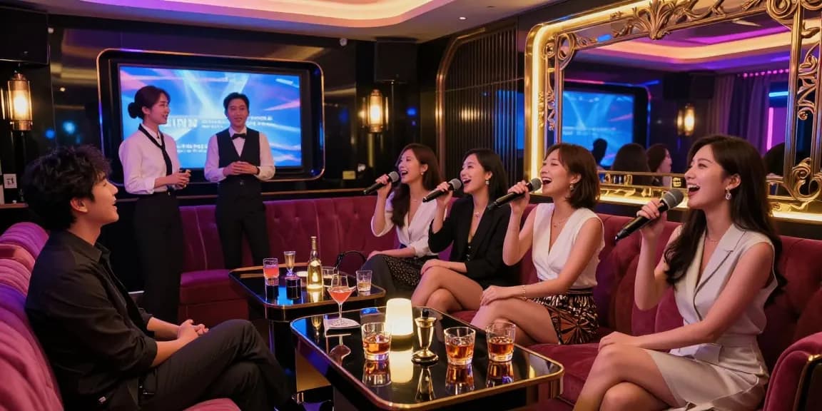 Enjoying a lively night at 강남가라오케 with friends, featuring vibrant lights, cocktails, and engaging service.