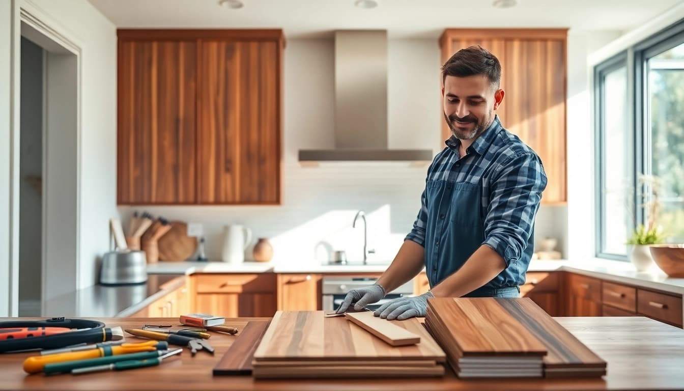 Cabinet Refacing Saint Petersburg FL showcasing a skilled craftsman enhancing wooden cabinets in a bright kitchen.
