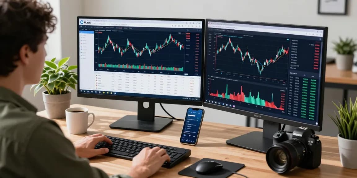 AiCoin 用户在现代交易工作站上使用 K 线图分析市场动态，展示交易工具和实时通知。