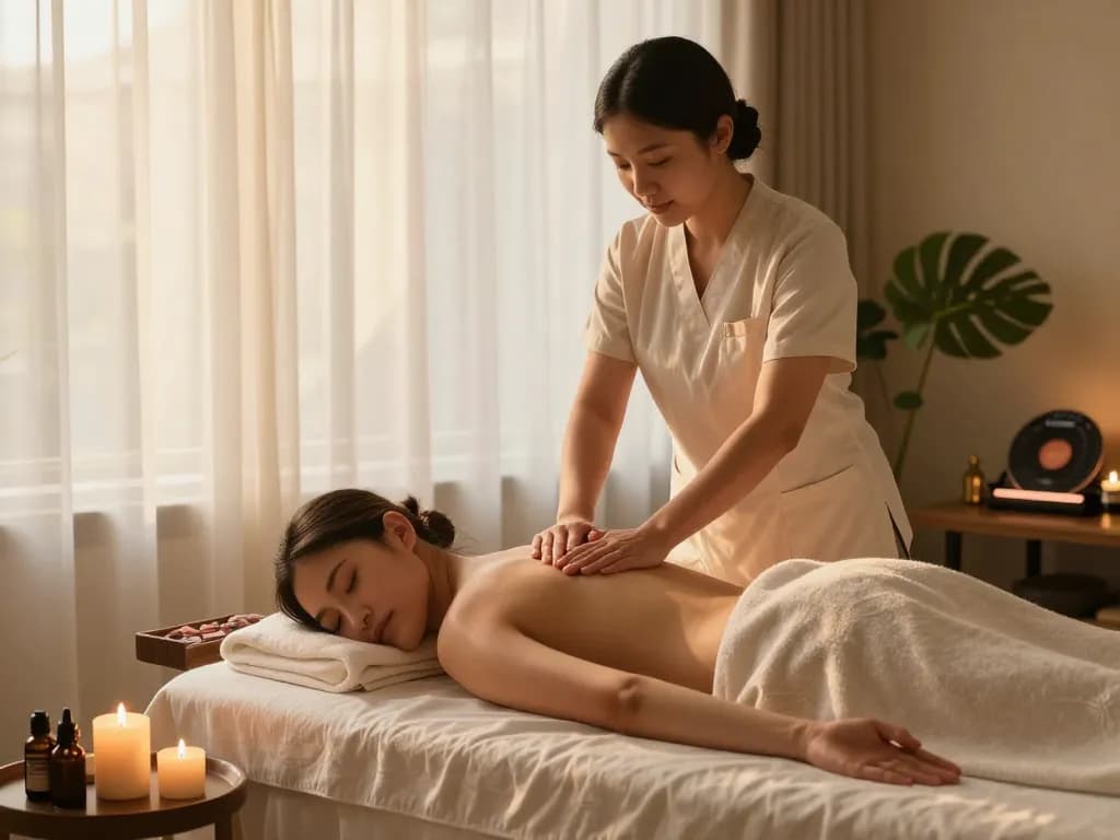 Professional massage therapist delivering an aromatherapy treatment at home, showcasing the luxurious services of maxim-anma.net.