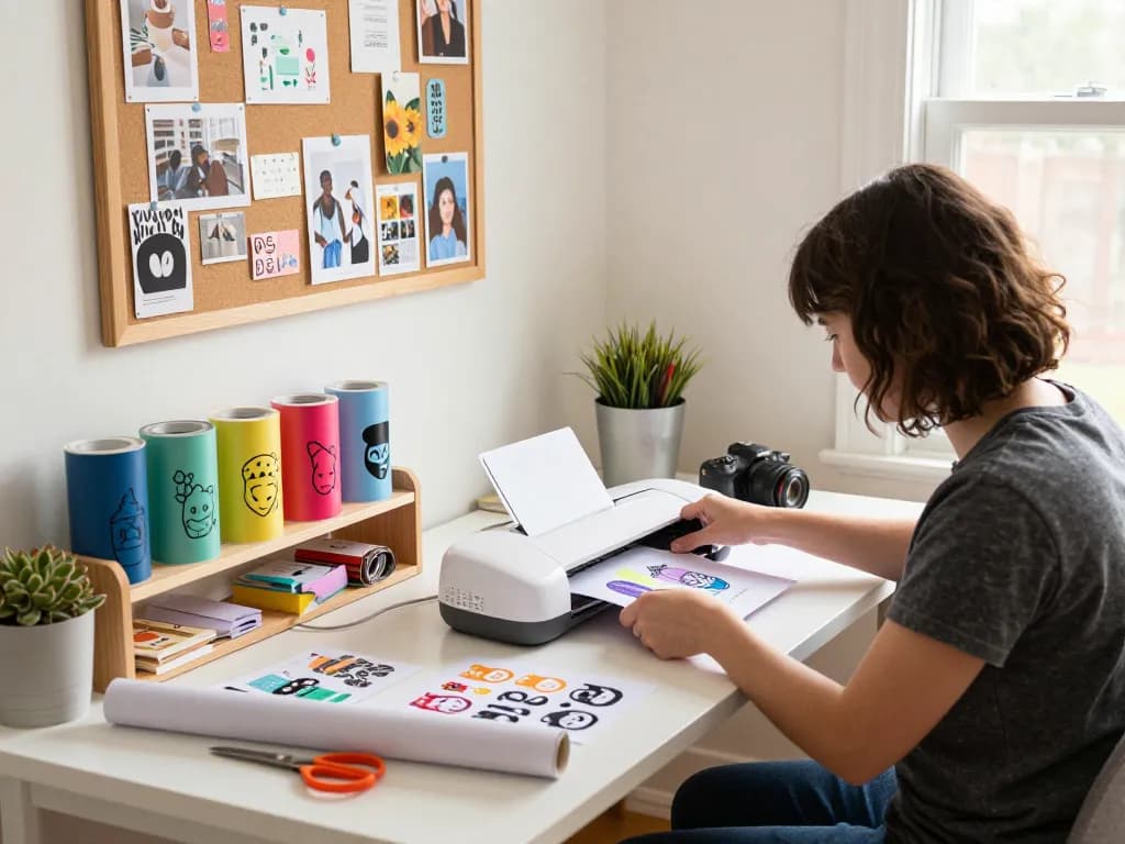 Crafting scene showcasing a designer working with a variety of SVG bundles, illustrating creative tumbler designs and Cricut tools.