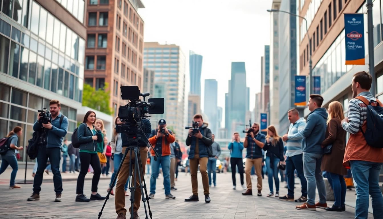 Edmonton production companies showcasing a diverse film crew in action on a city street.