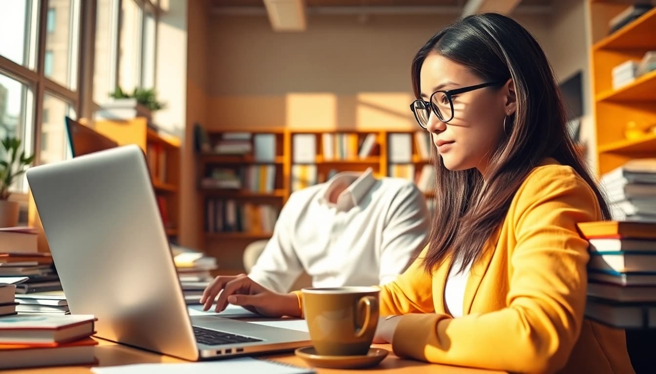Focused individual studying to pay someone to take toefl in a bright, modern workspace.