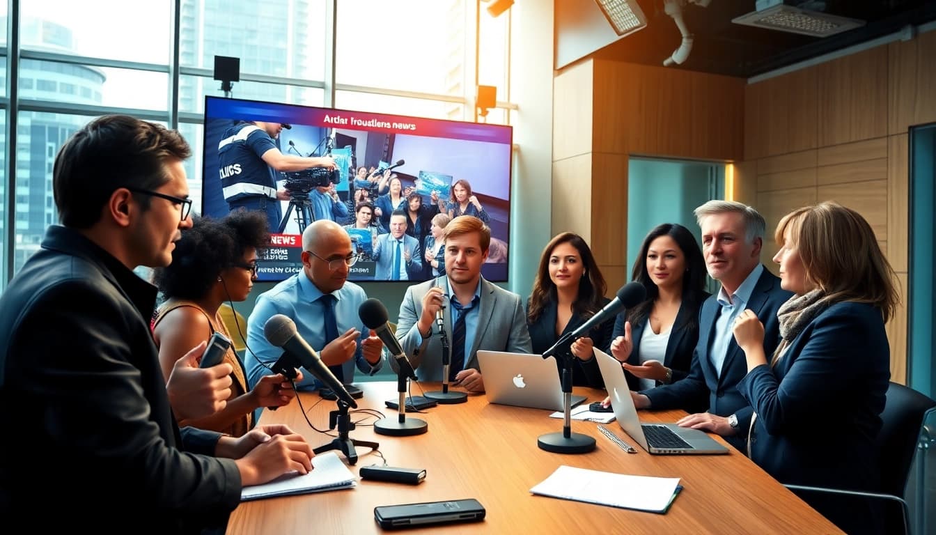 Captivating scene showing journalists reporting the latest news updates in a vibrant newsroom.