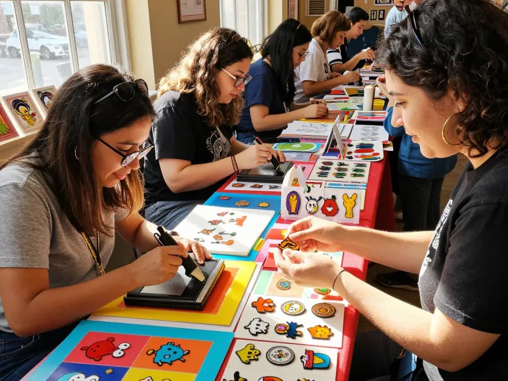 Artists creating custom acrylic pins at a craft fair, showcasing vibrant designs and a lively atmosphere.
