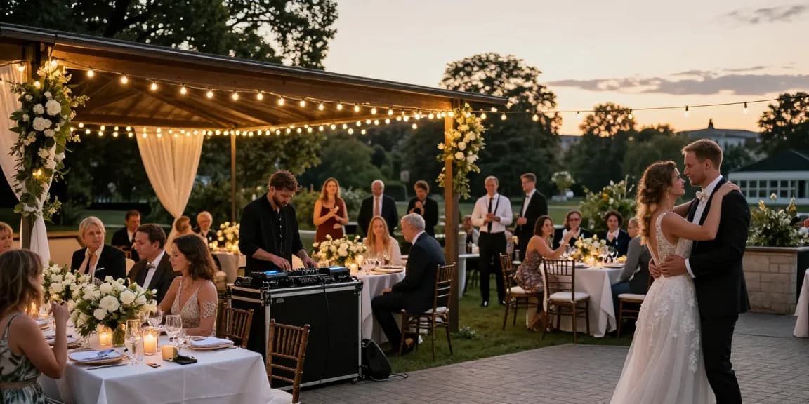 Professioneller Hochzeit DJ in Berlin bei romantischer Feier mit Dekoration und tanzenden Gästen