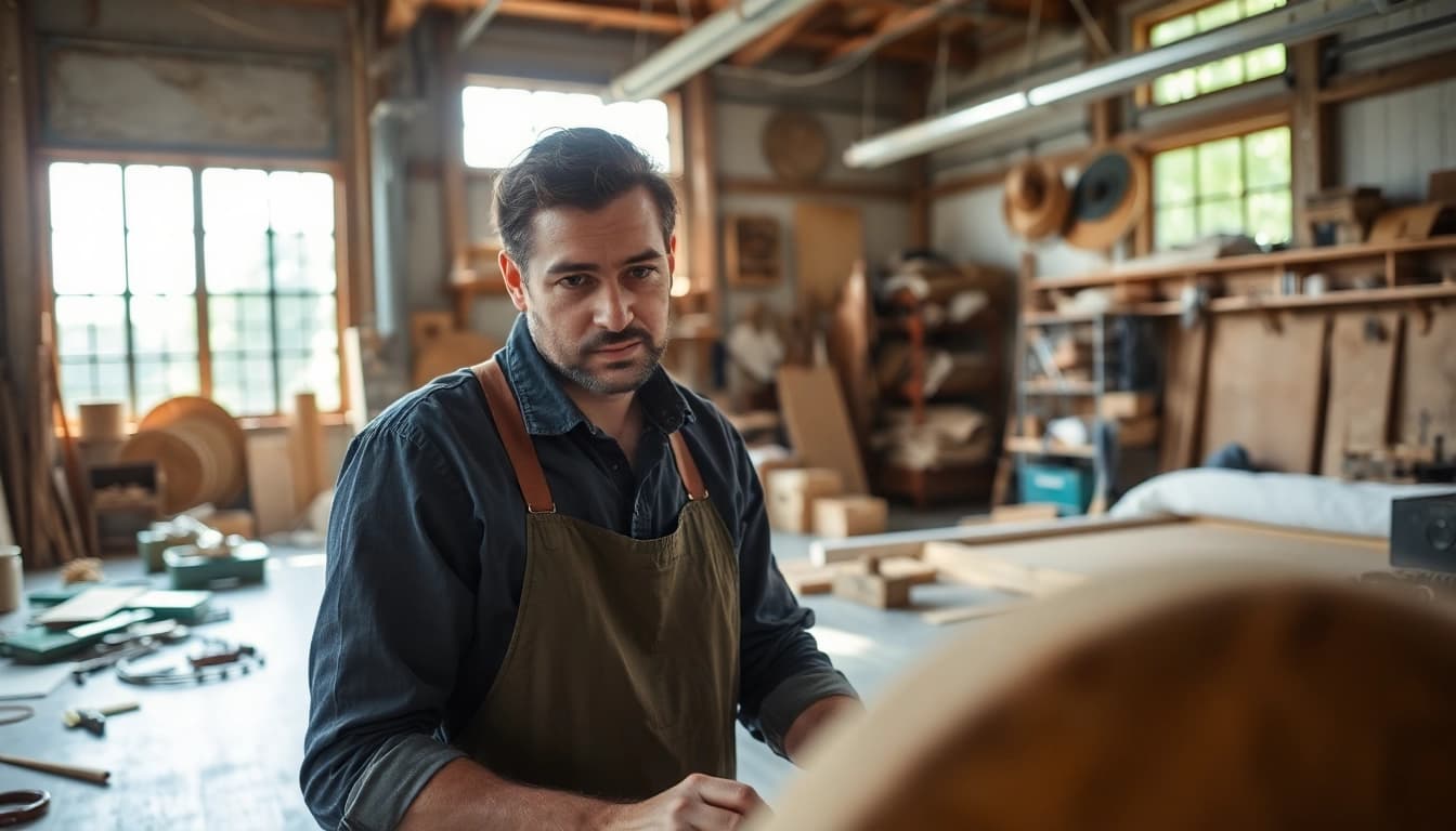 Artisan demonstrating craft training programs in a vibrant workshop, showcasing skills and creativity.