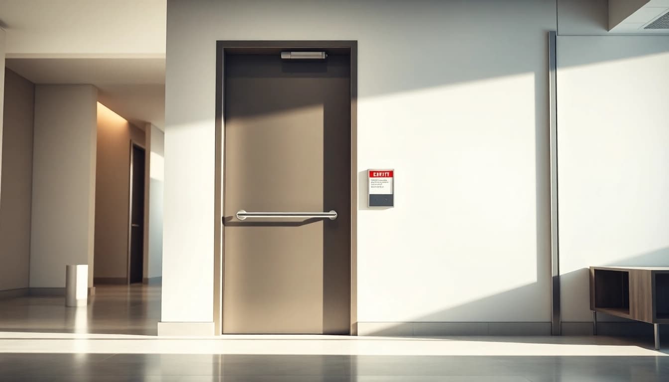 Explore a reliable Exit door featuring a panic bar in a commercial setting.