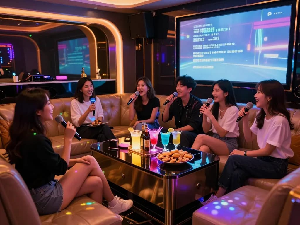 친구들이 칵테일과 활기찬 노래 공연을 즐기는 강남달토 노래방의 생동감 넘치는 분위기를 경험하세요.