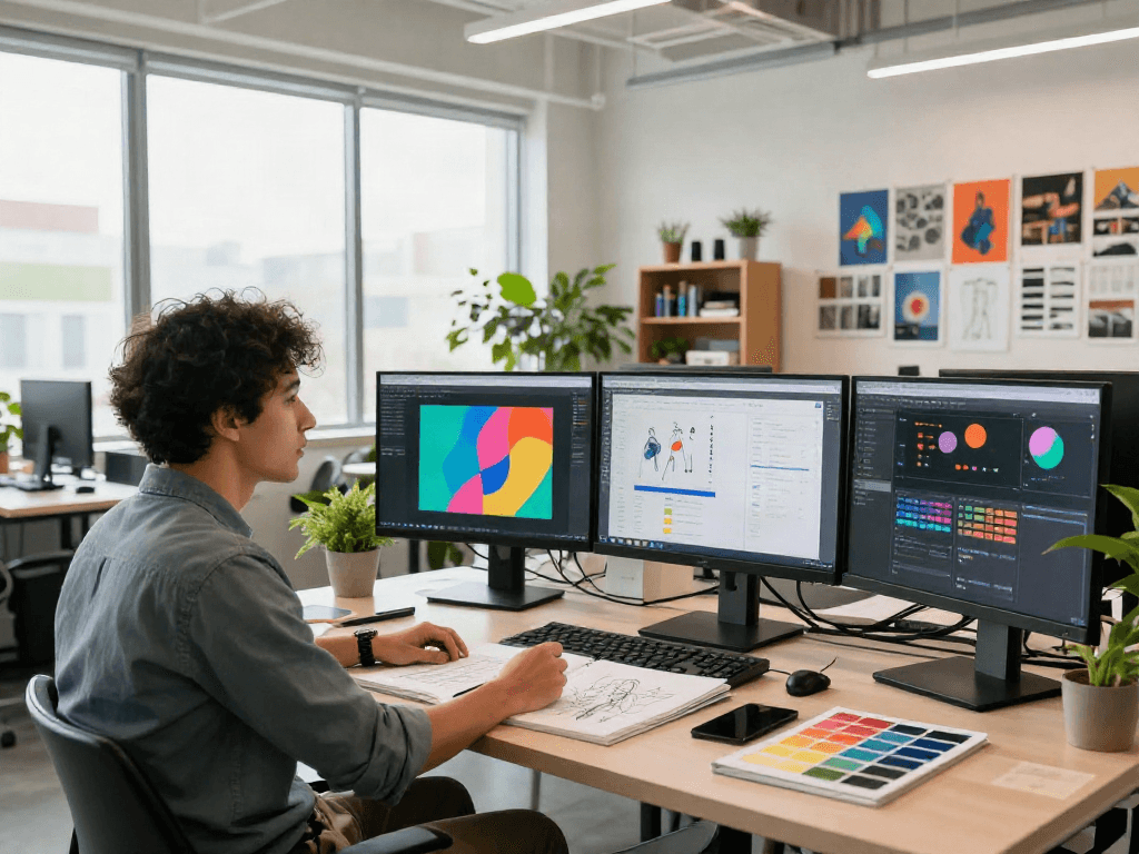 Creative workspace showcasing nsfw ai design concepts with vibrant artwork and collaborative elements.