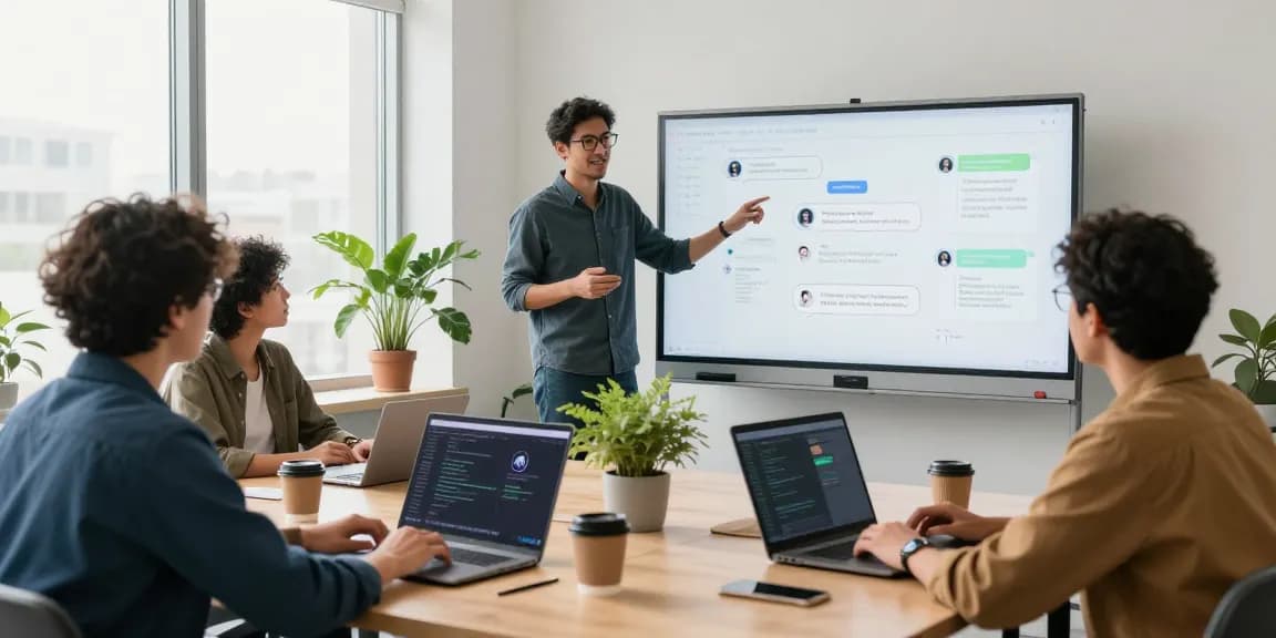 Team collaborating on crushon ai software development in a modern office